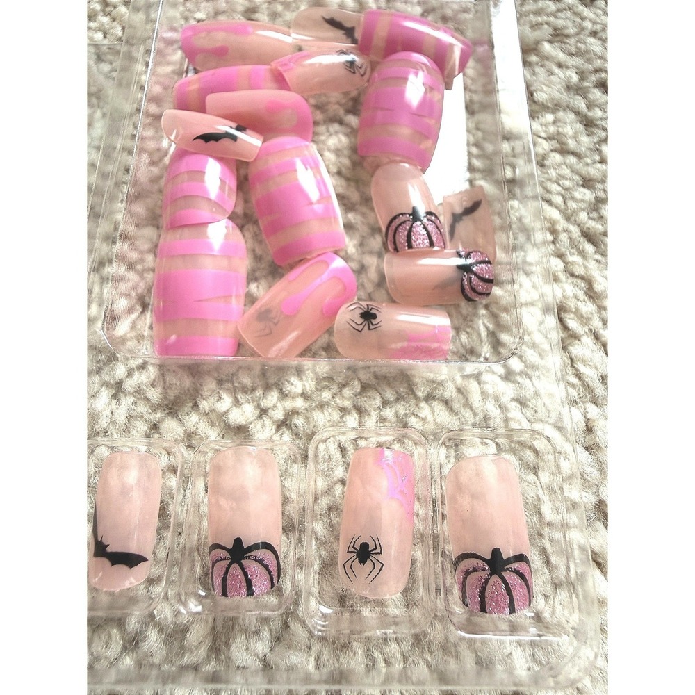 Pink‎ Halloween False Press On Nails 24pc Spooky Spider Bat pumpkin